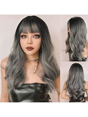 𝅺🆕 Stunning Long Dark Gray Ombre Wig Synthetic Lace Wig Full Bangs SEXY NWT👀😘
